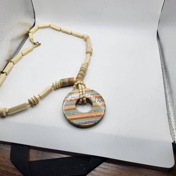 Unique Large Chunky Vintage 60s Long Striped Pendant Necklace - Picture 3 of 7